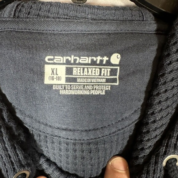 Carhartt Relaxed Fit Hoodie Women’s XL Pullover Navy Blue Waffle Knit - Picture 2 of 8
